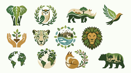 Collection of stylized nature and wildlife icons representing conservation and environmental themes. © tr