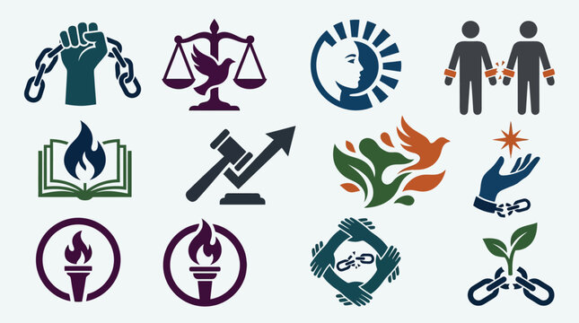 Collection of Icons Representing Human Rights, Justice, Freedom, and Social Issues.