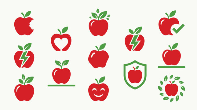 Collection of stylized red apple icons with green leaves and various design elements.