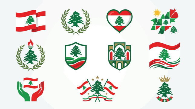 Collection of Lebanese national symbols featuring the Cedar of Lebanon and the national flag.