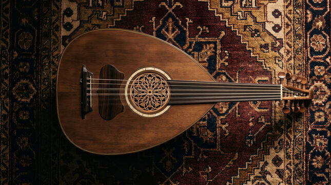 Authentic oud instrument on vintage textile with rich wood craftsmanship ideal for heritage, music, tourism, and cultural branding projects.