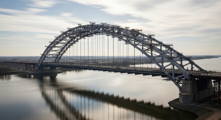 Fototapeta premium A large steel arch bridge spans a calm river with a cloudy sky and reflections on the water surface in daytime.