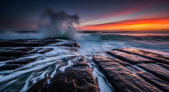 Dramatic Sunset Surf on Dark Coastal Rocks at Low Tide