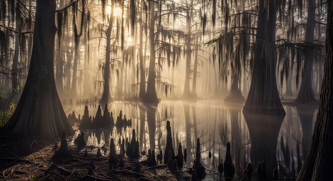 Eerie Misty Swamp Forest with Spanish Moss and Sunlight