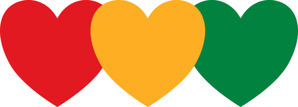Juneteenth and Pan-African themed flat icon set featuring hearts, circles, and clover shapes in red, yellow, green, and black colors. Minimalist symbol for Black History Month celebration.