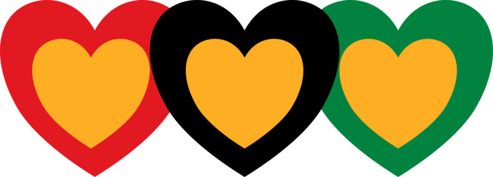 Juneteenth and Pan-African themed flat icon set featuring hearts, circles, and clover shapes in red, yellow, green, and black colors. Minimalist symbol for Black History Month celebration.