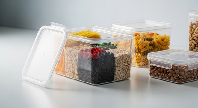 A set of clear plastic food storage containers with one lid open, showing a clean and organized kitchen pantry arrangement on a white surface, reusable, lunchbox, items