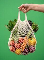 Fototapeta premium Fresh vegetables in mesh eco bag — sustainable grocery shopping green lifestyle photography 