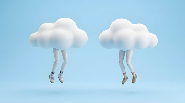 3d render. Couple of abstract white clouds with mannequin legs. Soul mate metaphor. Social role play. Partners interaction. Minimal surreal clip art isolated on blue background
