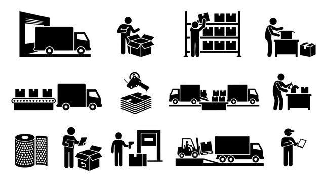 Warehouse Receiving and Dispatch Silhouette Set &ndash; Inbound, Outbound, Fulfillment Icons