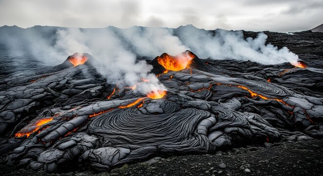 Lava flow over cooling lava field in dramatic landscape