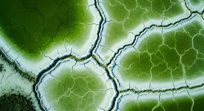 Macro view of dried earth cracks and vibrant green growth