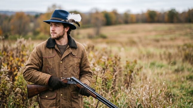 Young hunter in vintage countryside outfit holding shotgun during autumn field expedition outdoors