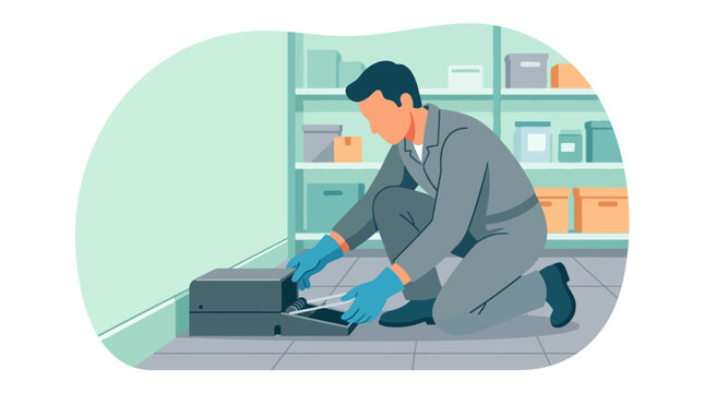 A male technician wearing protective gloves repairing a printer device. EPS Editable. Vector Illustrations.