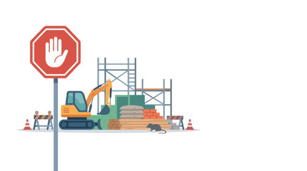 Fototapeta premium Construction site scene with heavy machinery and scaffolding. EPS Editable. Vector Illustrations.