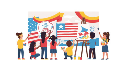 Fototapeta premium Diverse group of children painting national flags and artwork on a large canvas. EPS Editable. Vector Illustrations.