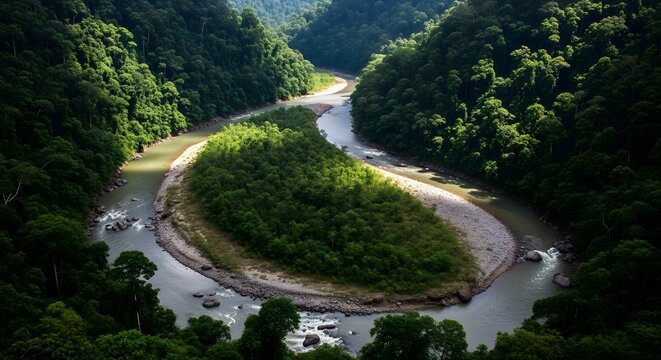 Meandering river through lush tropical jungle forest canopy view