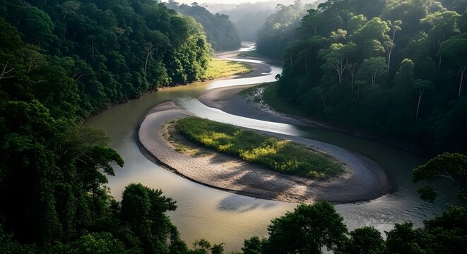 Meandering River Through Lush Tropical Rainforest Forest Landscape