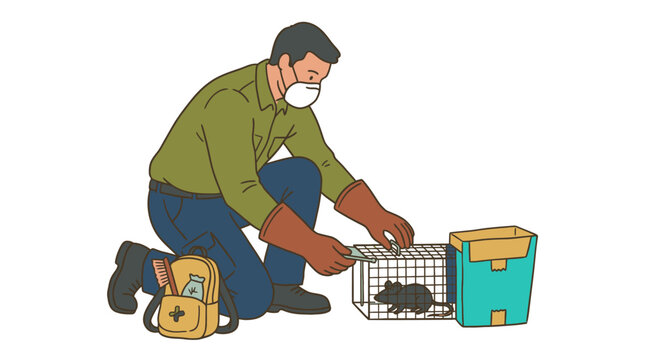 Professional pest control technician wearing a mask setting a mouse trap. EPS Editable. Vector Illustrations.