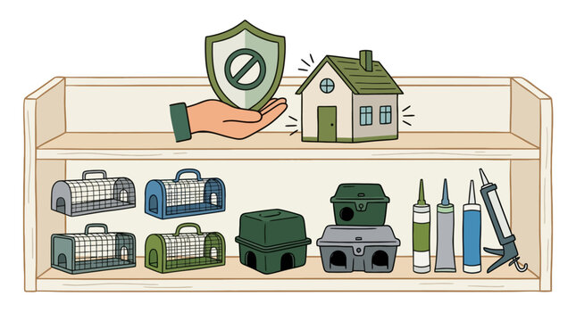 Pest control products on a shelf protecting a house. EPS Editable. Vector Illustrations.