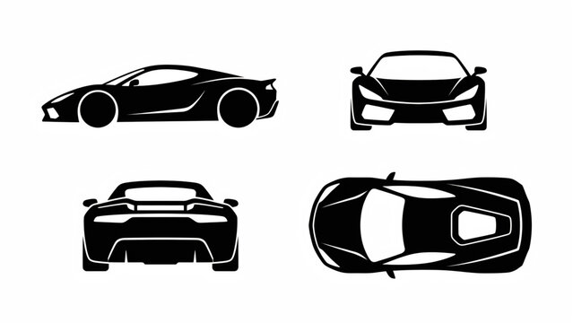 Aerodynamic supercar silhouette set: Modern sports car side, front, rear, and top views.