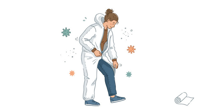 Woman putting on protective coverall suit in a professional laboratory setting. EPS Editable. Vector Illustrations.