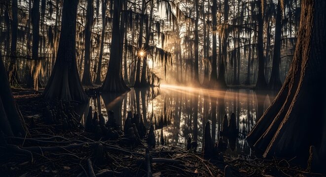 Misty Forest Reflections Sunrise Through Cypress Trees