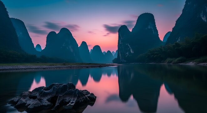 Misty Limestone Karsts Landscape Reflection at Sunrise or Sunset