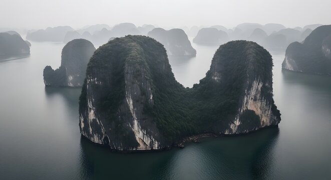 Misty Limestone Karsts of Ha Long Bay Vietnam Tropical Scenery