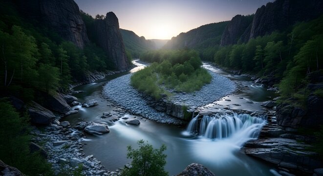 Misty river flowing through dramatic deep canyon landscape