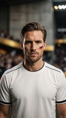 Fototapeta premium Portrait of a Determined German Football Fan with Face Paint in a Stadium