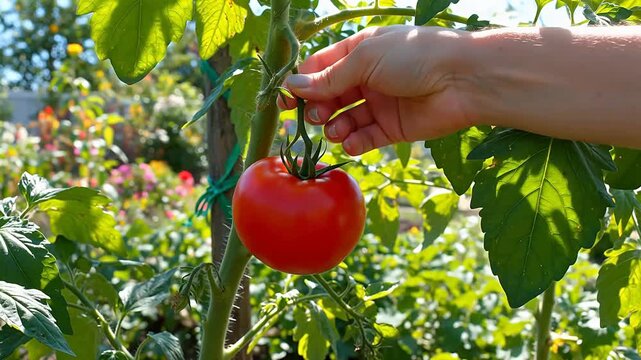 Hand picking ripe tomato from plant for appetizing food commercials and menu design