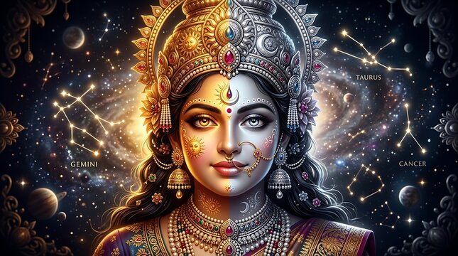 Mithuna Sankranti Hindu Deity with Sun and Moon Dual Face and Zodiac