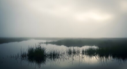 Fototapeta premium Mysterious Fog Over Wetland Grasses Sunrise Nature Scene
