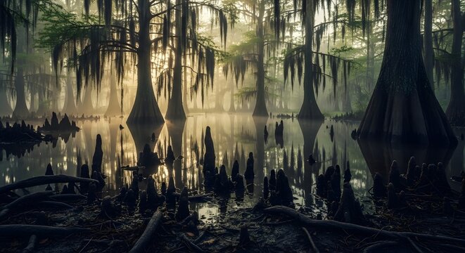 Mysterious fog in the swamp with mangrove trees