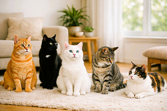 Hogar de los gatos, Bonita escena de gatitos, Gatos fotog&eacute;nicos, Para fondo de pantalla, Gatos de colores en la casa