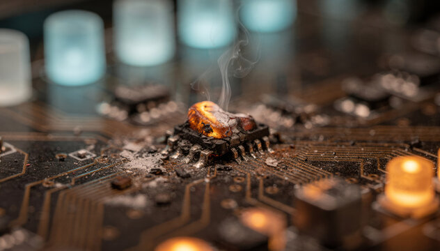 Burning computer processor smoking on a damaged circuit board component