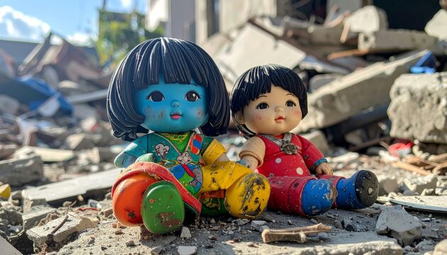 Broken Children's Toys Amidst Debris
