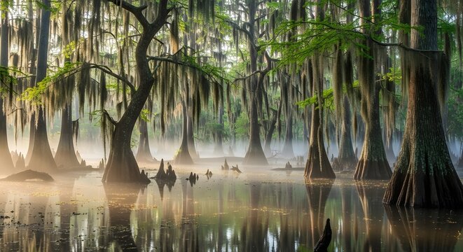 Mystical Swamp Landscape with Spanish Moss and Cypress Trees