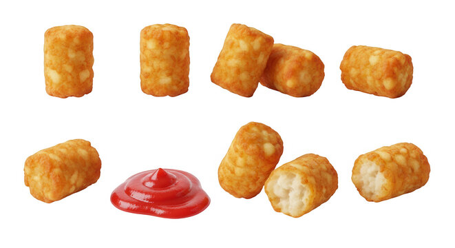 close-up studio shot of crispy potato tots and ketchup isolated on a clean white background for food advertising