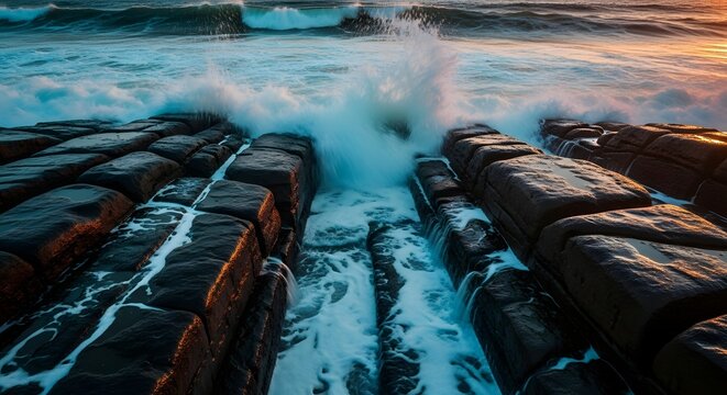 Powerful ocean waves crash between seaside stone blocks