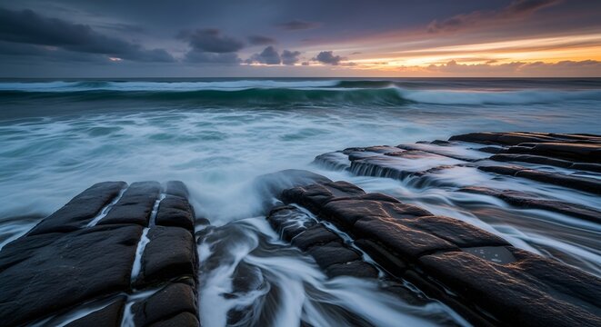 Seascape sunrise waves over dark wet rock tide cinematic shot