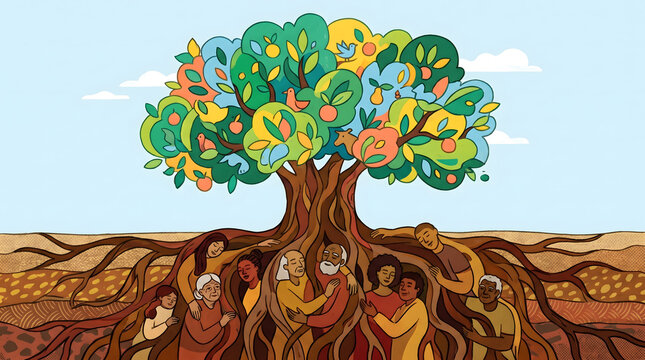 Diverse group of people embracing and weaving into root of colorful fruit bearing tree