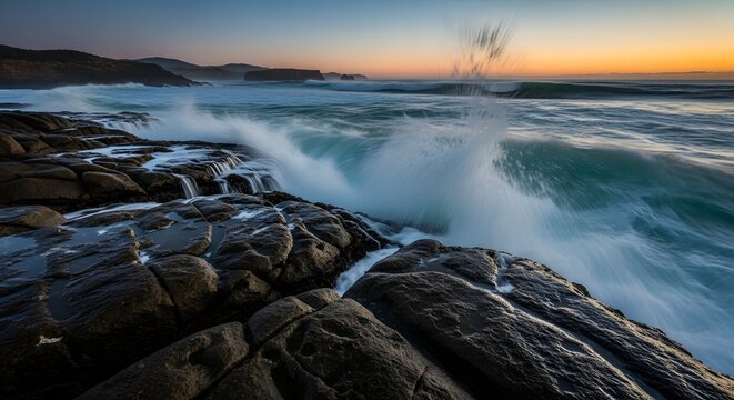 Seaside Waves Crashing Over Dark Coastal Rocks at Sunset
