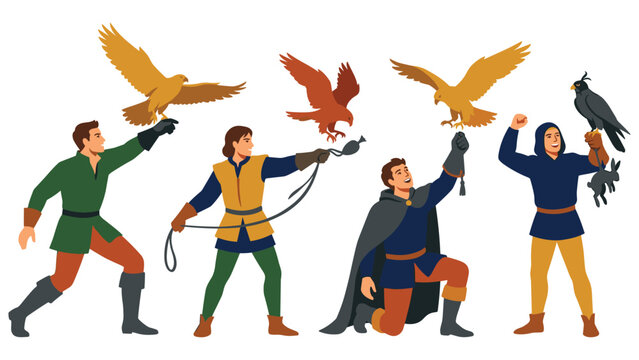 Medieval falconers colorful illustration set featuring men training hunting hawks outdoor.