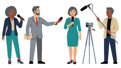 News anchors and reporters broadcasting live with microphones cameras and equipment at outdoor event. © Md