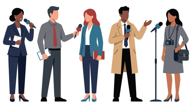 News reporters interviewing subjects with microphones in professional setting gathering information event coverage.