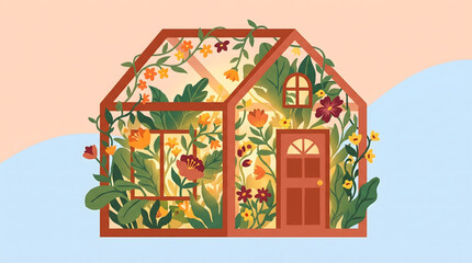 Obraz premium Glass greenhouse house shape filled with colorful blooming flower and lush green plant