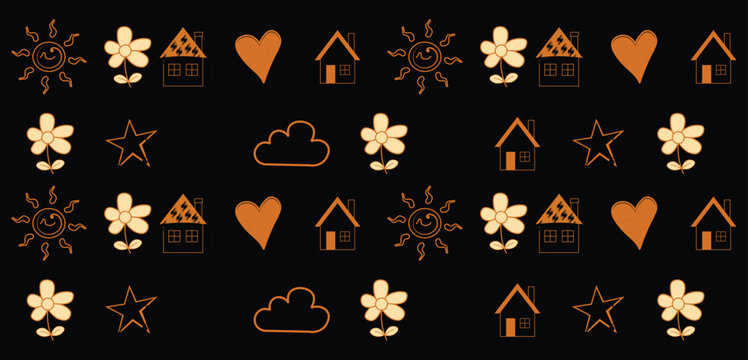 Seamless pattern of glowing orange icons including stars hearts flowers clouds