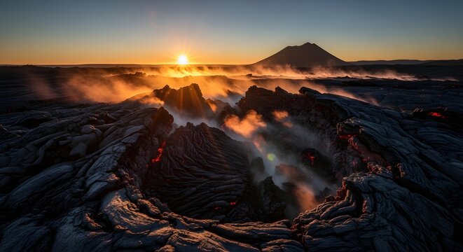Sunrise over active volcano crater emitting smoke steam
